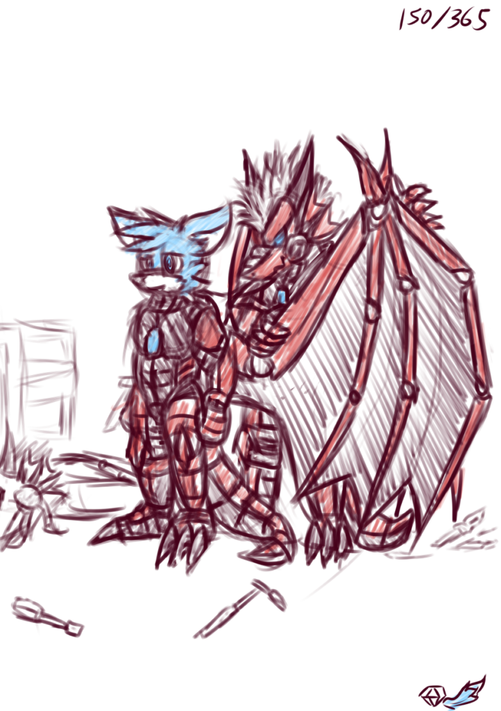 Art of a fox, Aira, in a dragon robotic suit. That’s being constructed around them, parts and screwdrivers strewn around the area as a red dragon robot is assembling the parts on Aira. Aira has a slightly dopey, hypnotised, happy smile, not caring what the robot is doing.