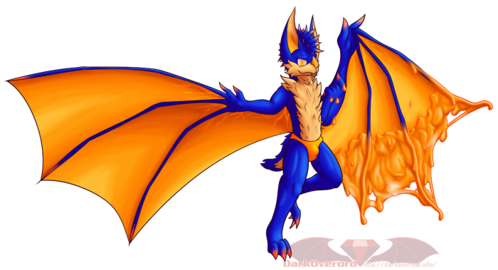 Ferris, a blue and orange bat, with glowing orange eyes, ears, nose and calws seemingly in the air They have their right arm as a normal bat wing, while their left arm is normal, albeit dripping a little goo However they have a right wing coming off their back that is mostly orange goo, signifying it's in the process of shifting shape.