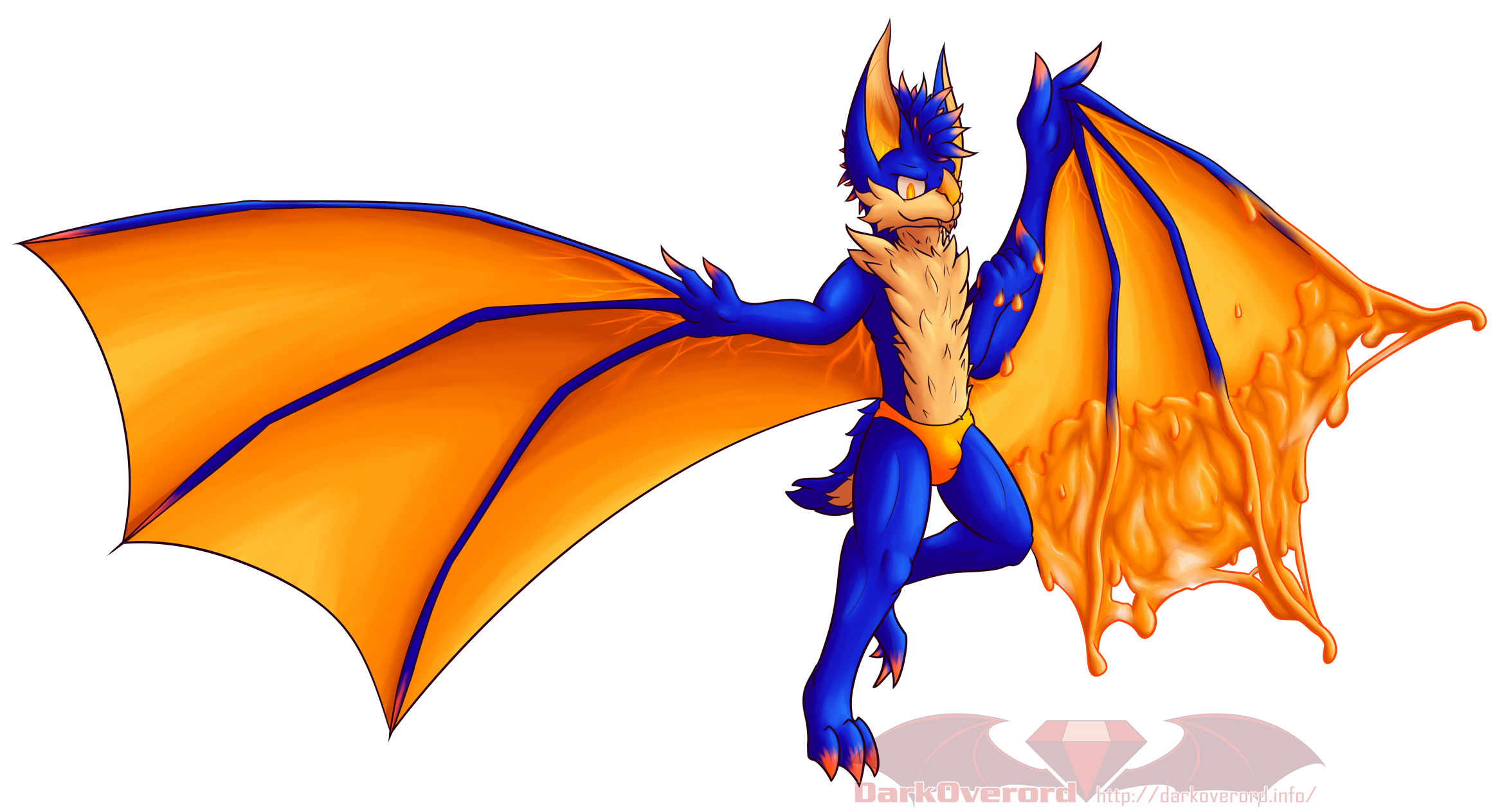 Ferris, a blue and orange bat, with glowing orange eyes, ears, nose and calws seemingly in the air They have their right arm as a normal bat wing, while their left arm is normal, albeit dripping a little goo However they have a right wing coming off their back that is mostly orange goo, signifying it's in the process of shifting shape.