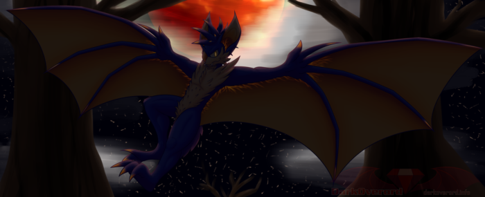 Ferris, a blue and orange bat with glowing eyes, as well as parts of their wings, ears and claws glowing too, in the air with their wings spread wide to both ends of the screen, you can barely see them though as they cast a shadow against the night sky with a bright orange moon behind them