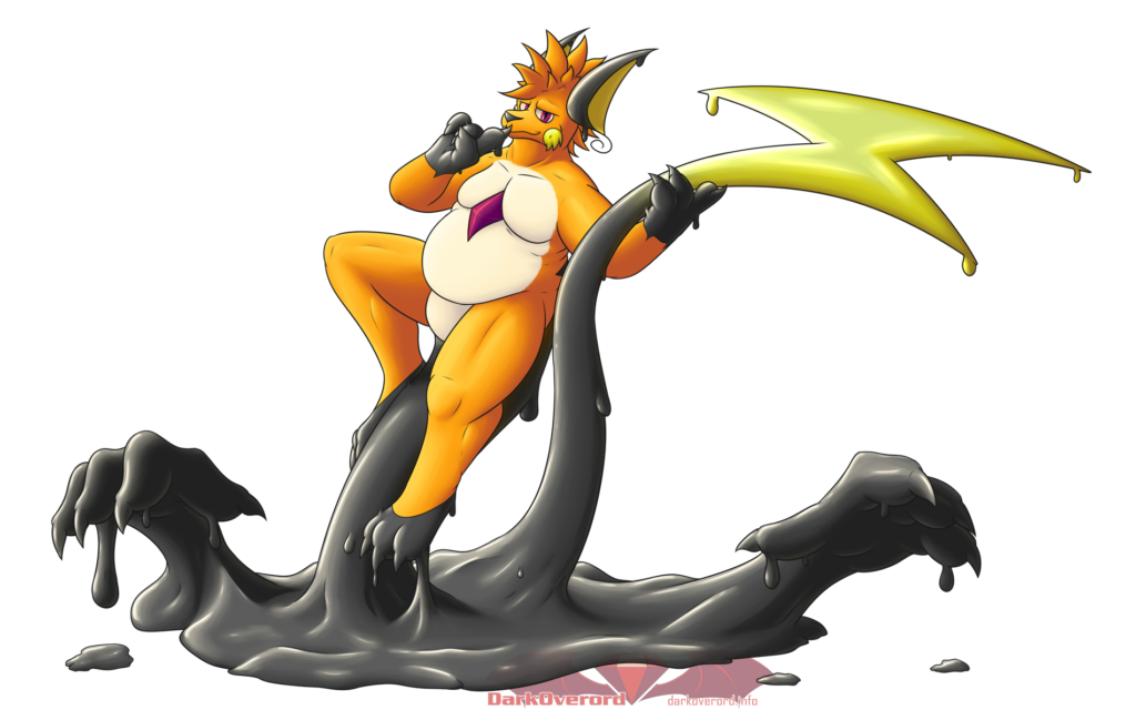 Art by DarkOverord in 2019 of an anthropomorphic Raichu hoisting itself in the air by its own tail, which flows in to a goo puddle with two hands coming out of it. It has its right hand propped up to its snout while smirking. Clearly mischievous intent on its mind.