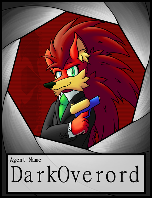 A con badge for DarkOverord featuring its hedgehog, Simon Rickson, dressed up in a suit with a water gun