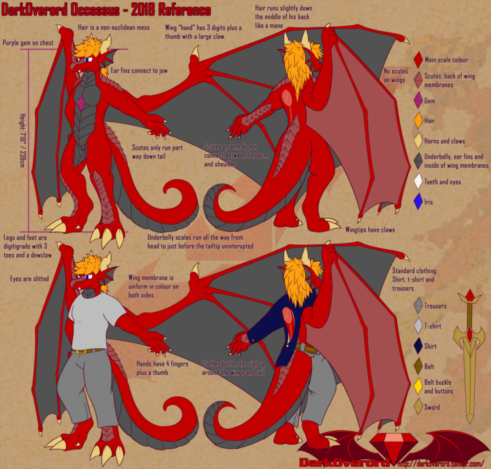A character reference sheet for DarkOverord, a red and grey dragon