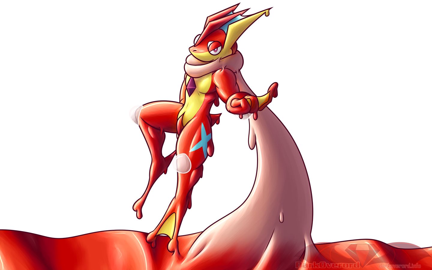 A red and yellow gooey greninja suspended in the air by it's tongue which is connected to a much larger mass of red goo at the bottom of the screen