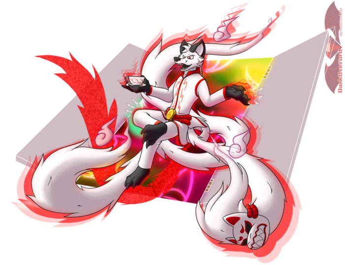 Annai Siru, a white three tailed youkai fox, floating in the air with one leg over the other. With an open grin they look smugly down over whomever they're talking to, while holding a teacup in their right hand. A red aura is seen around them, with a fourth etherial red tail as well. Behind them is an etherial door with an abstract land inside with eyes and bony hands coming out of it.