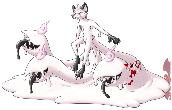 Annai, a white three tailed kitsune with each of their tails as tailmaws, but they're made of goo! The mask they have on their left most tail has sunk in to the goo a little too. They're suspending themselves in the air above a white gooey puddle with their tails.