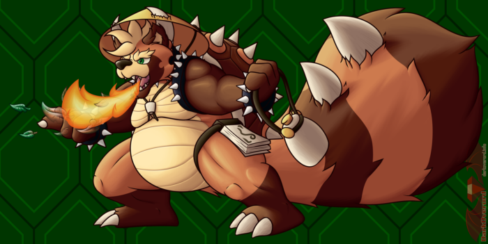 Marcus as royal koopa-tanuki hybrid. The've retained their usual colours and markings, as well as their very large fluffy tail, but have taken the overall shape of Bowser Koopa. They have spiked cuffs around their wrists and shoulders, wearing a straw hat that their koopa horns are piking through, have the pale scaly underbelly and a large brown spiny shell on their back. Tie around their left leg is a note pad and they're holding a sake bottle in their left arm They're breathing "fire" but really it's an illusion made of leaves. In the background is interlocking green turtle shell scales