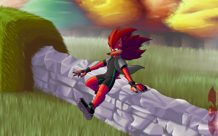 in an autumn scene, Simon, a red hedgehog wearing shoes, gloves a grey shirt and compression shorts & tshirt, vaults over a rock wall. It is slightly misty in the background as well, desaturating the trees behind them