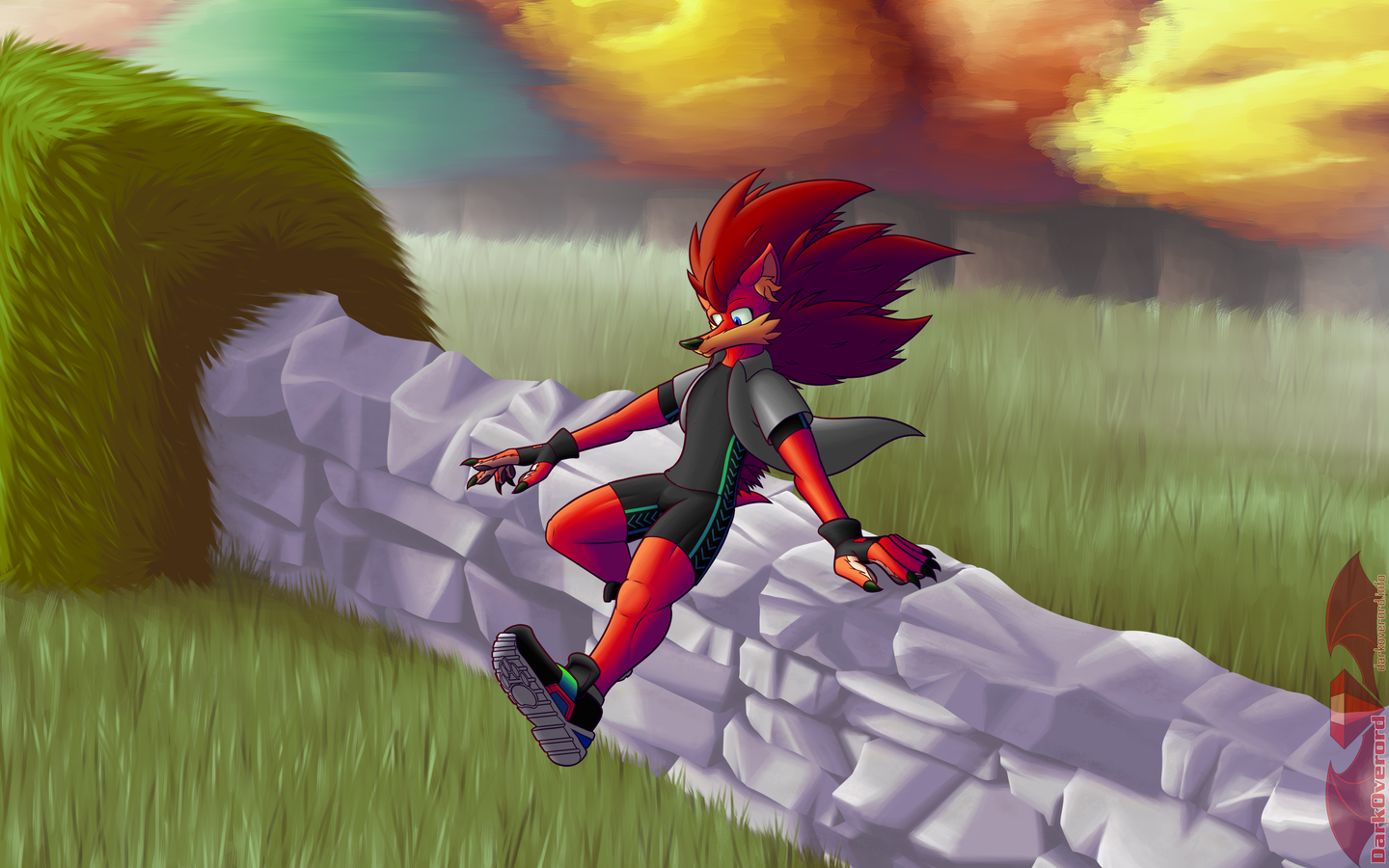 in an autumn scene, Simon, a red hedgehog wearing shoes, gloves a grey shirt and compression shorts & tshirt, vaults over a rock wall.

It is slightly misty in the background as well, desaturating the trees behind them