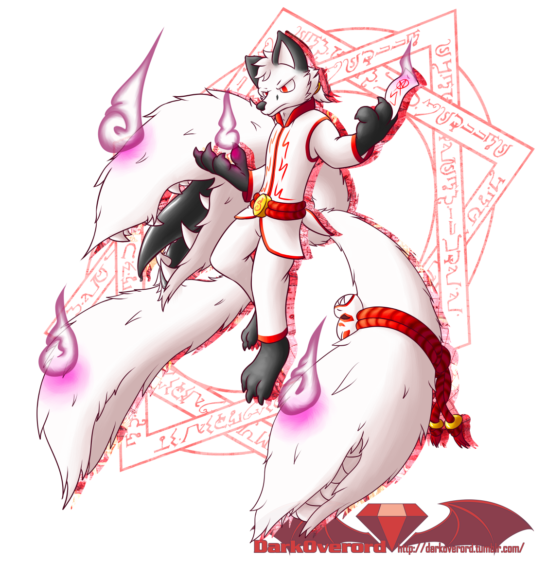 Annai Siru, a white three tailed kitsune (all three of which have tailmaws), hovers in the air looking grumpily down to something off the image. They're holding a wisp in one hand and a slip of paper intended to be a spell card in the other. Behind them is a magic circle.