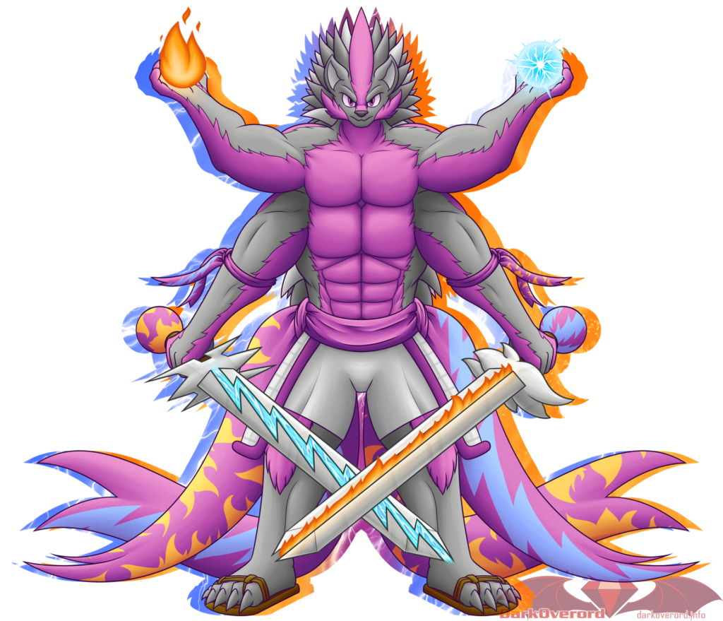 Adjuro Simul, a large muscular magical construct in the form of a four armed muscular grey tenrec with purple accents. Their top two limbs have their arms raised to their sides, a flame in their right hand, an orb of lightning in their left. Their lower arms are holding swords, pointed downwards and in front of them so they cross over near their shins. They have a lightning based sword, with a fire design on the pummel, in their right hand, and a fire based sword, with a lightning design on the pummel, in their left. Tied around their waist are two large purple sashes, where after the knot the material flows freely they have fire and lightning patterns.