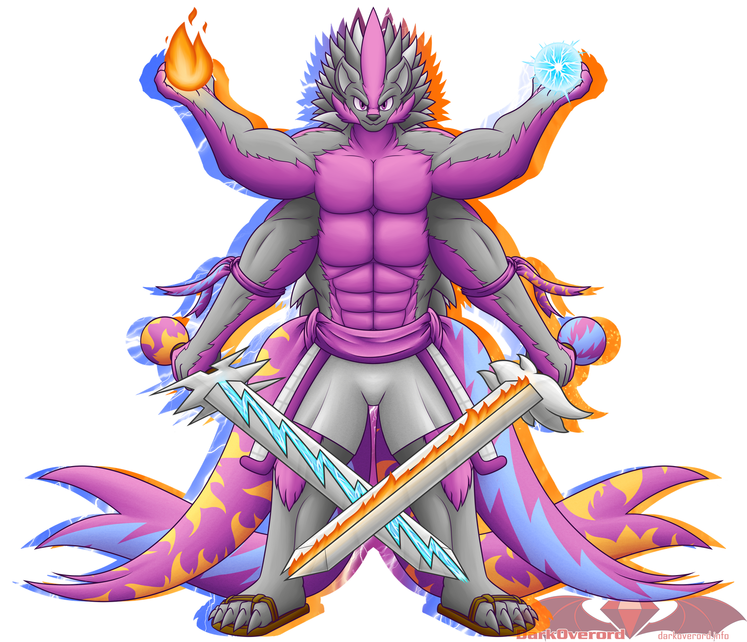 Adjuro Simul, a large muscular magical construct in the form of a four armed muscular grey tenrec with purple accents. Their top two limbs have their arms raised to their sides, a flame in their right hand, an orb of lightning in their left.

Their lower arms are holding swords, pointed downwards and in front of them so they cross over near their shins. They have a lightning based sword, with a fire design on the pummel, in their right hand, and a fire based sword, with a lightning design on the pummel, in their left.

Tied around their waist are two large purple sashes, where after the knot the material flows freely they have fire and lightning patterns.