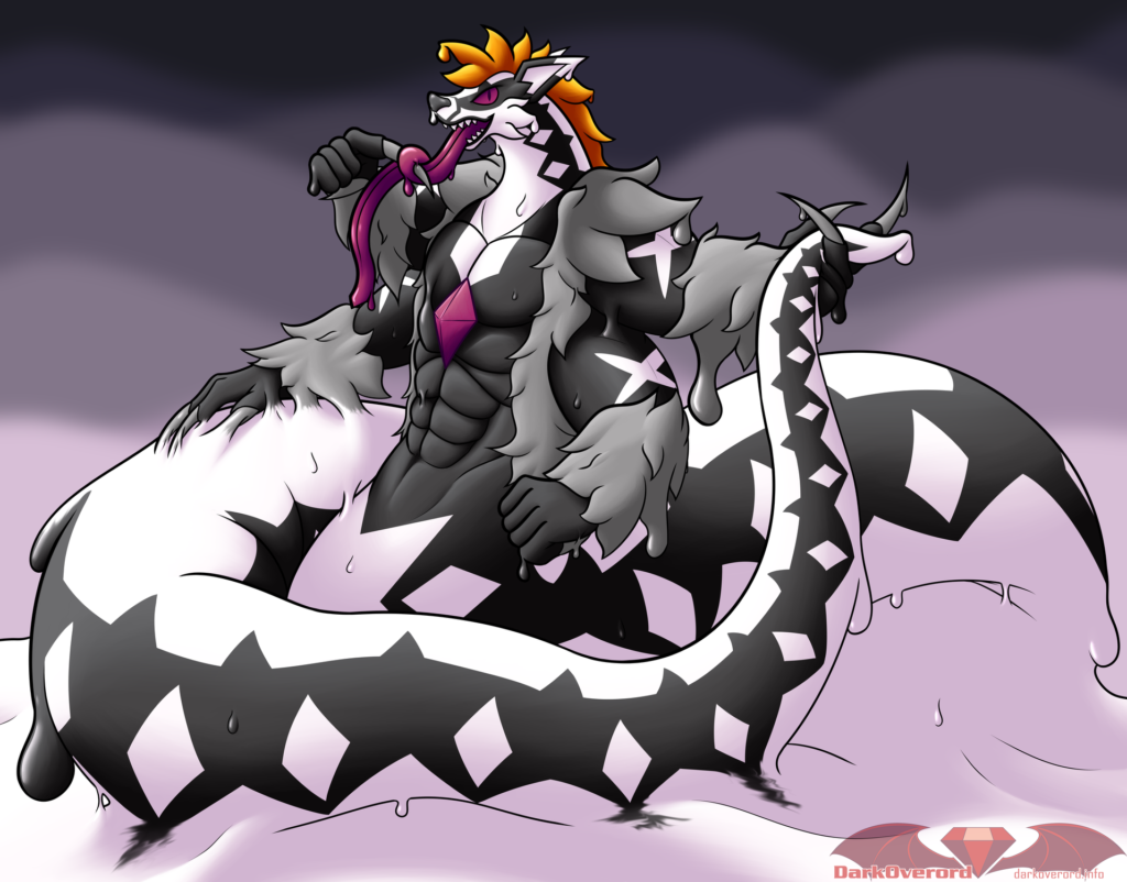 A goopy gooey four armed obstagoon naga (or a Goonaga if you will) with an orange mane sits coiled around itself. Its top left arm holding its tail tip, its long purple tongue wrapped around a claw on its top right hand, its lower right arm resting on its long tail and its lower left hand loose down its side. Clearly visible are its muscles and purple gem in its chest. The Obstagoon neck pattern is seen all the way down its tail The bottom of the image is just full of white goo, as well as visible ripples of white goo in the background implying there is a LOT of this goop goon thing.