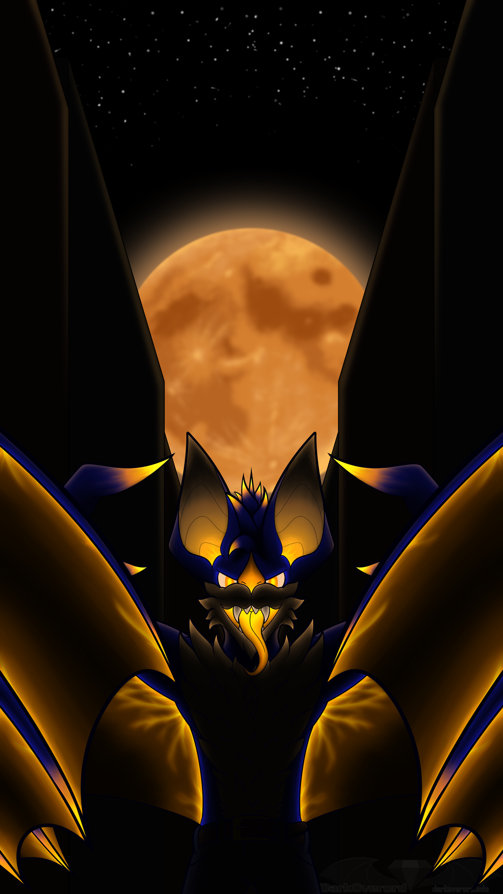 A blue and orange anthropomorphic bat (Ferris BruBat) in darkness. His wing-arms stretched out towards as you can clearly see his eyes glow as well as some of his fur, some exposed areas of his skin and some veins in his wings