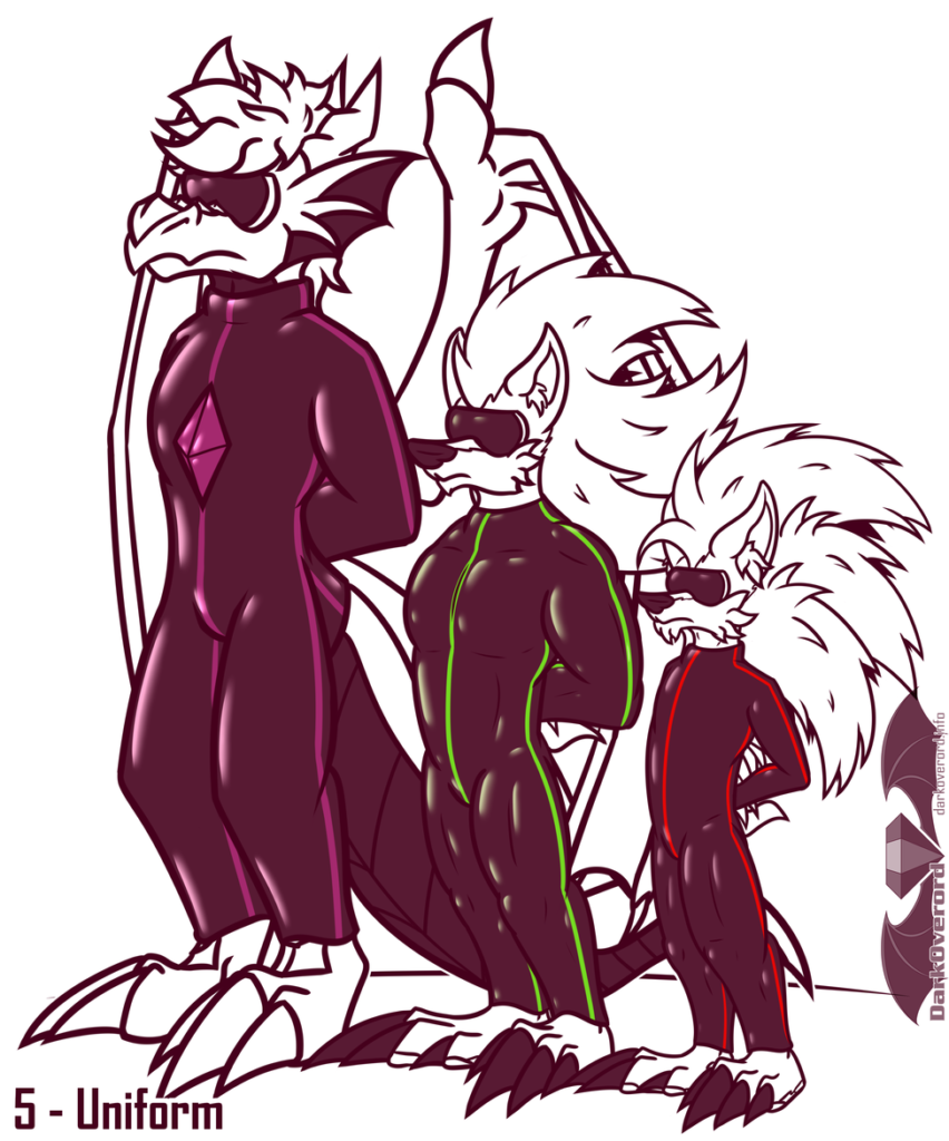 Three figures stand to attention in only matching skin tight rubber and visors. The tallest on the left a dragon, then on the middle and right two hedgehogs The dragon is almost double the height of the smallest hedgehog. With the middle hedgehog being evenly sized between the two.