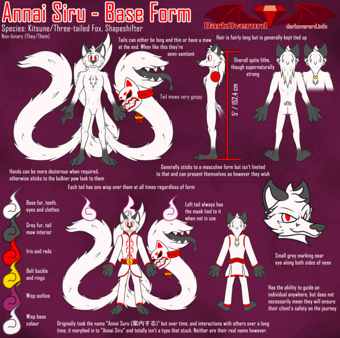 A character reference sheet for Annai Siru, a white three tailed kitsune