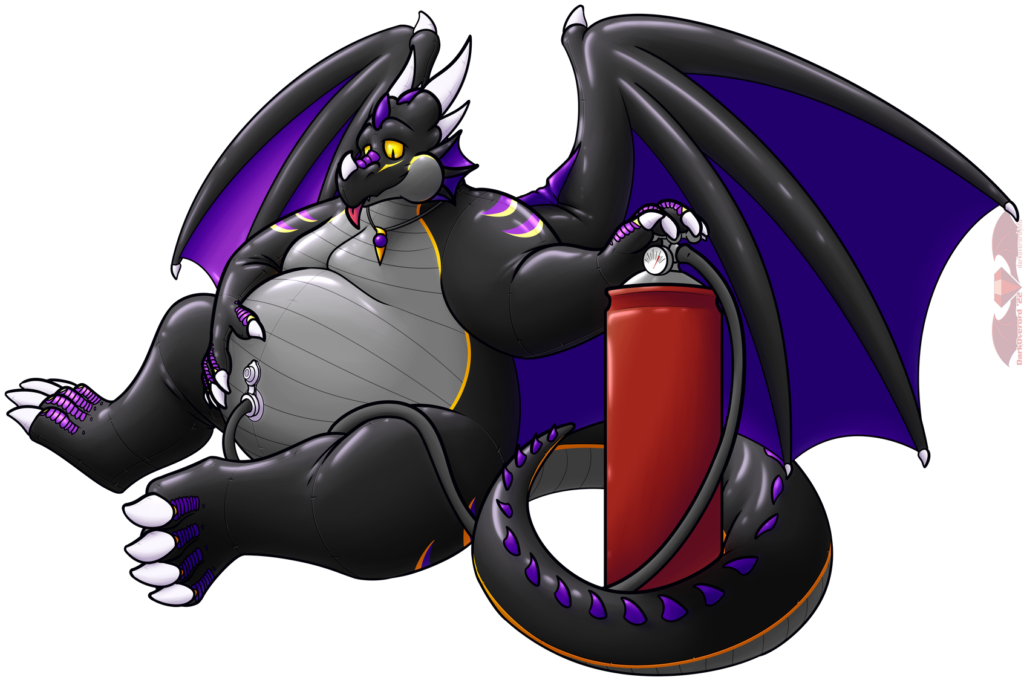 Zael, a black, purple and gold pooltoy dragon, looking satisfied as they hold their belly as the valve on their belly is connected to a gas tank that is filling them up