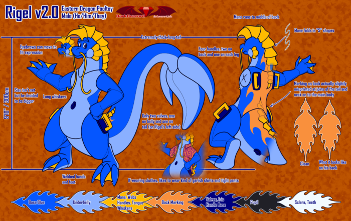 A character reference sheet for Rigel, a blue eastern dragon pooltoy