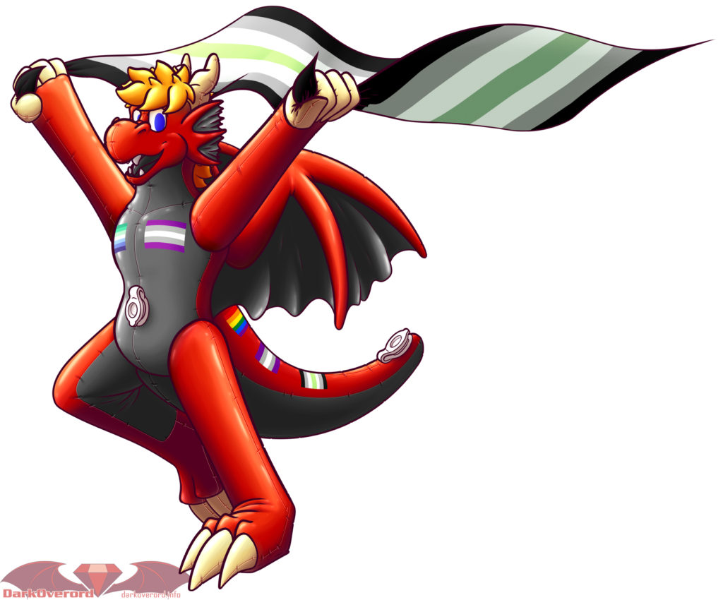 A red dragon inflatable toy (DarkOverord) looking happily at the viewer while it holds and flies an agender pride flag behind them. On its chest are decal stickers of a grey-ace flag and a mlm pride flag. On its tail they have decals of the general pride flag, grey-ace flag and agender pride flag