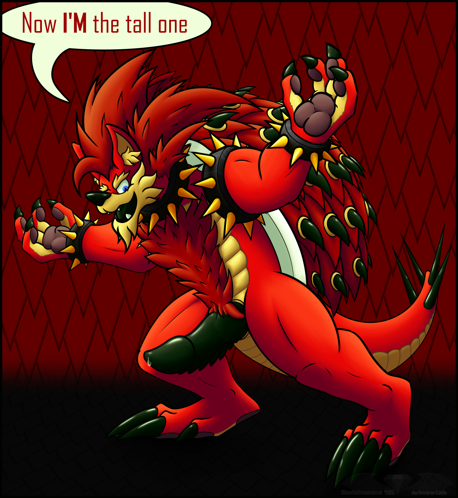 Simon Rickson, a non-binary red hedgehog, except looking like bowser-hedgehog hybrid and sporting a large cock that is dripping with pre. Text reads "Now I'M the tall one" with "I'M" in bold