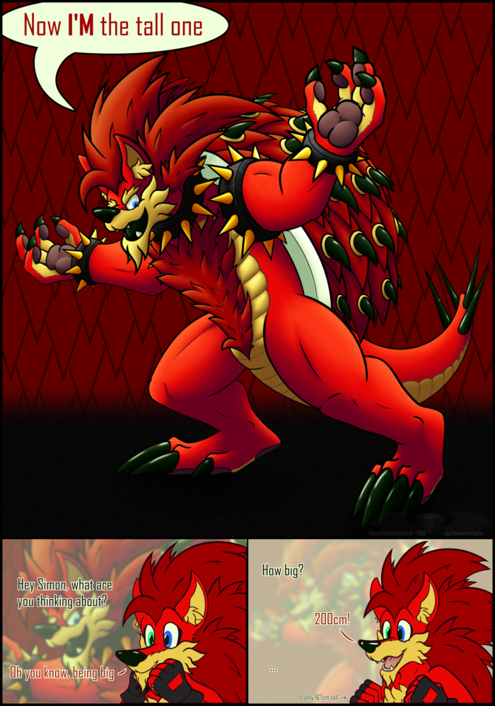 Panel 1: A red koopa-hedgehog hybrid in a haunched over but aggressive stance exclaiming "Now I'M the tall one" Panel 2: It's shown to be a daydream as Simon, a red hedgehog, is asked "What are you thinking about?" to which they respond "Oh you know, being big" Panel 3: "How big?" to which they reply "200cm!" excitedly