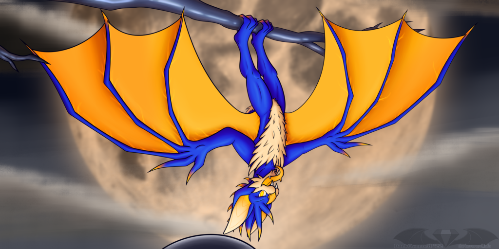 A blue and orange bat, Ferris, hanging upside down from a branch with the moon large behind them, also tinted orange. They're looking hungrily at the viewer. They are being illuminated by a torch held by the viewer