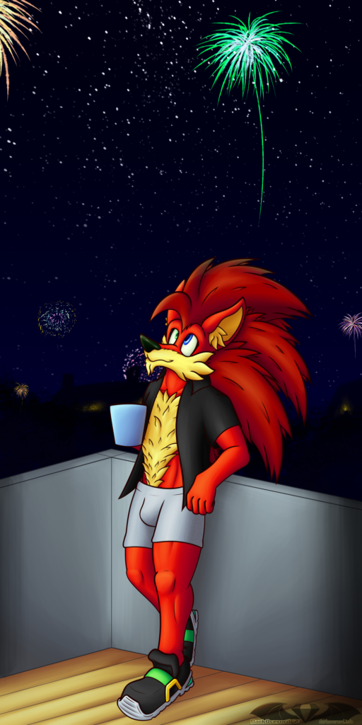 A red hedgehog, Simon, their shoes on leaning and dressed in just an open shirt and boxers leaning against a balcony wall while looking up in to the sky as fireworks go off. They're illuminated by a light source from the building their balcony is on.