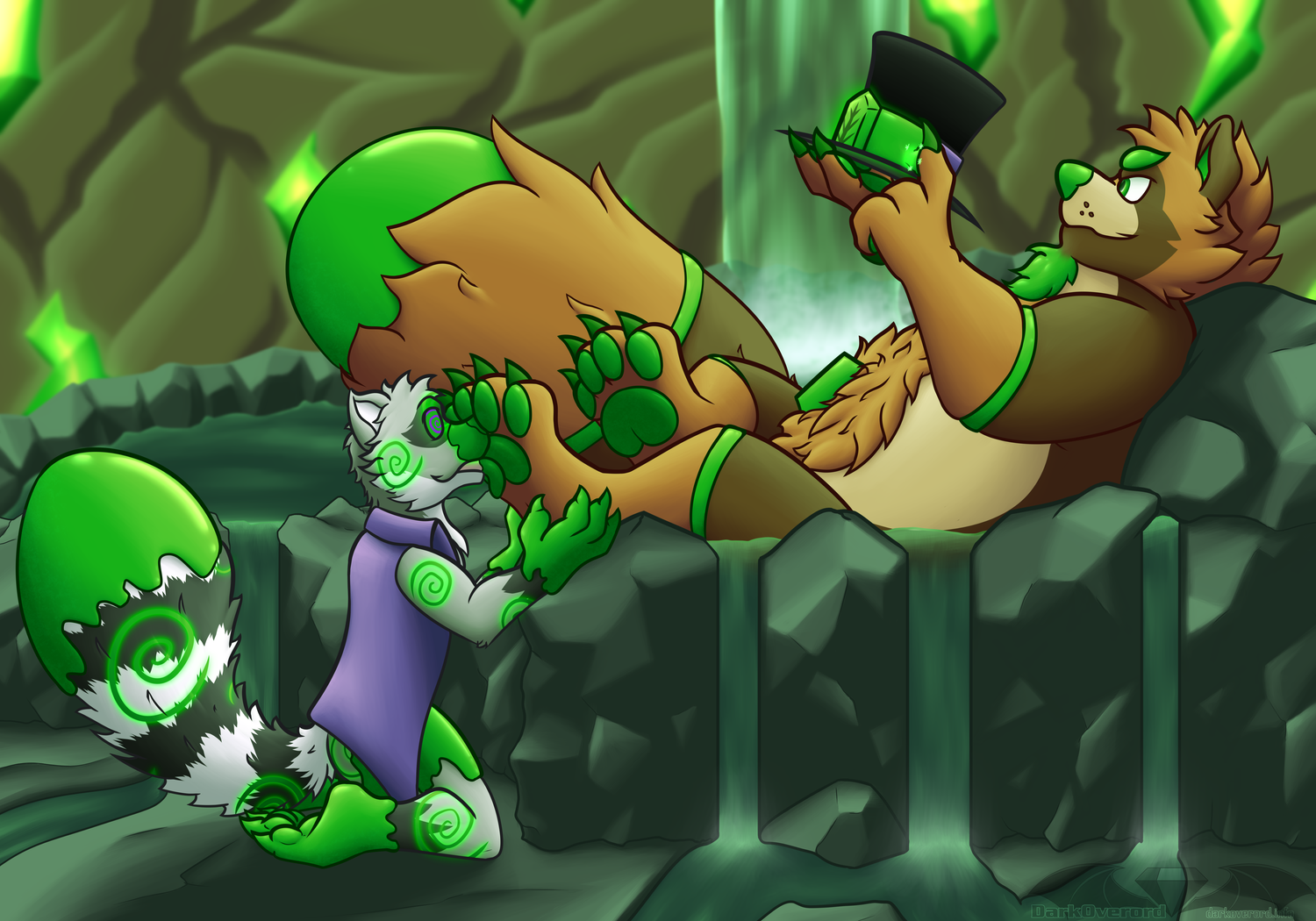 Allison Towers, a raccoon who has green painted spirals on them as parts of their body is transforming in to green gemstone, lapping and servicing Okana's paws.

Okana, a tanuki, sat in a bath as his paws are serviced, is smirking as he attaches a green leaf gem stone on to Allison's hat, as well as coating the purple band with that same green gem paint