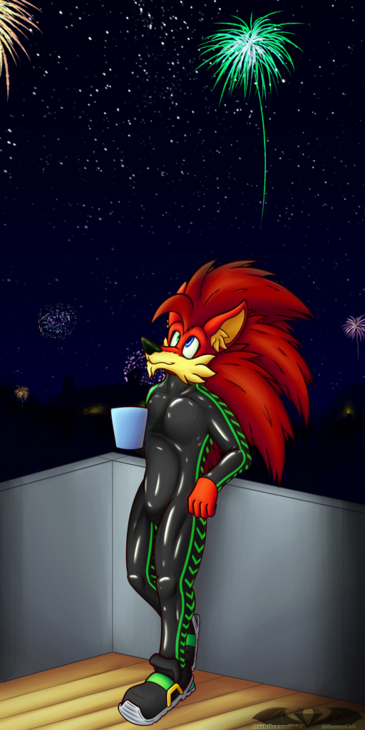 A red hedgehog, Simon, in a black rubber catsuit with green accent stripes and chevrons along the sides leaning against a balcony wall while looking up in to the sky as fireworks go off. They're illuminated by a light source from the building their balcony is on.