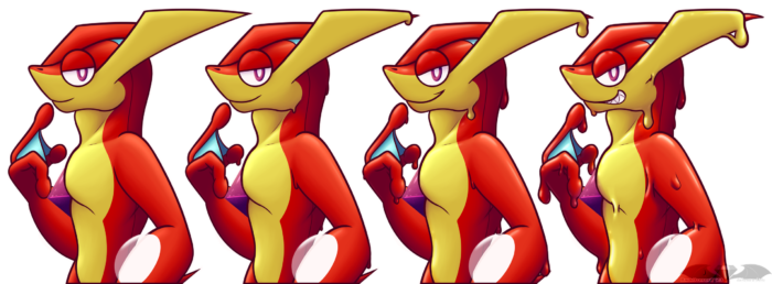 4 images of a red and yellow Greninja (DarkOverord/DOninja) facing to the left without its tongue out, a finger to its chin as if thinking. 1: with only a slight smile, 2: with a bigger smile and starting to become gooey, 3: A broad smile and a bit of a malicious look to its eyes as the goo dripping is clearly visible, 4: Grinning maliciously as they're no-long stable in up keeping its form, big drips running from its body
