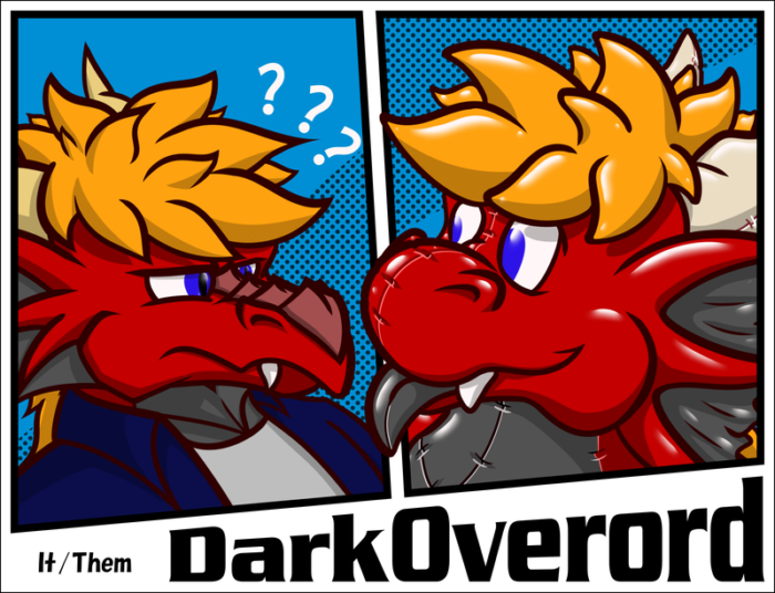 A con badge for DarkOverord of two red dragons, both DarkOverord but one is organic and the other an inflatable toy. The organic one looking EXTREMELY confused as the inflatable one pops out of their panel sticking their tongue out at the organic one.