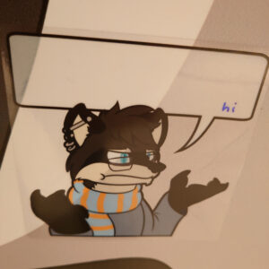 A photo of a grumpy looking anthro raccoon (Shiro) with a speech bubble above them. "hi" is written in small text in the lower right of the bubble