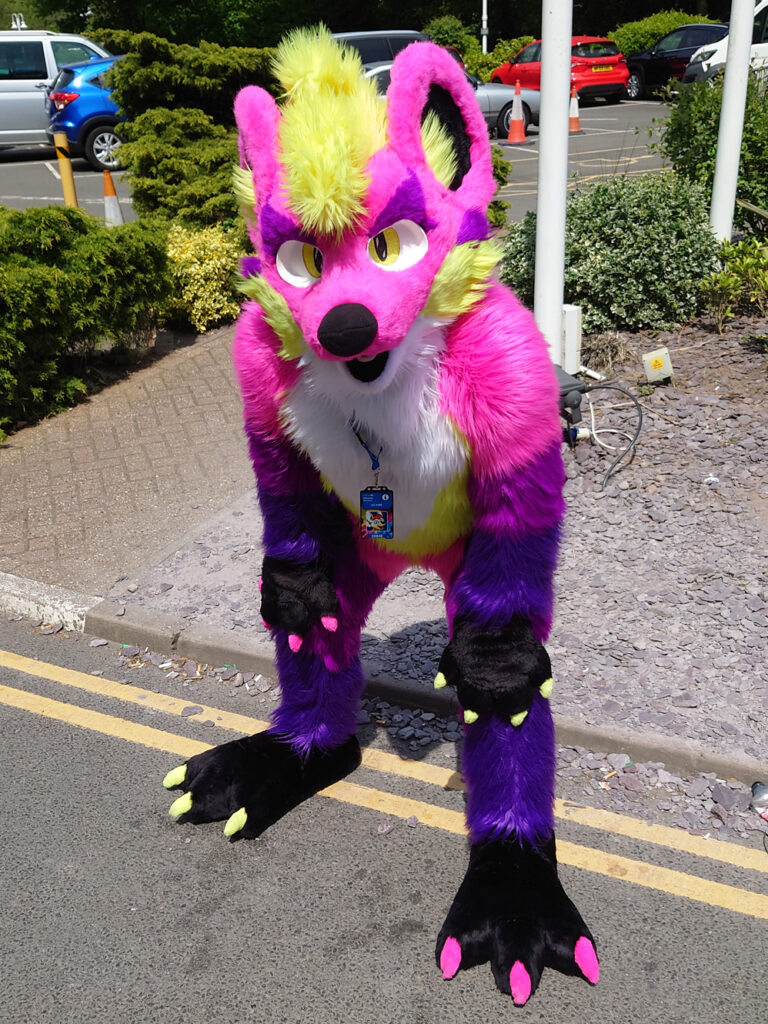 A photo of Nova, a bright pink and purple rat, with florescent yellow hair.