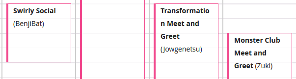 A screenshot of Confuzzled's schedule on Sunday evening, showing Swirly Social, Transformation Meet & Greet and Monster Club Meet and Greet occurring at the same time
