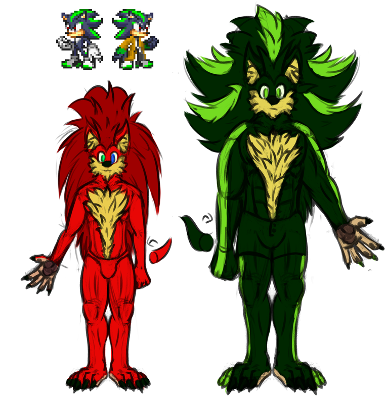 art of a smaller red hedgehog, Simon, with a tall green hedgehog next to them side by side showing their height difference