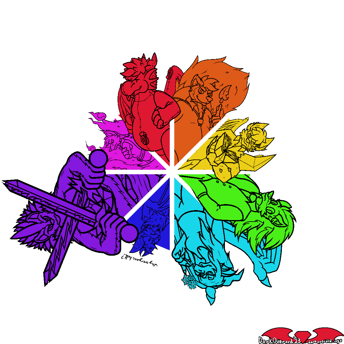 Art of a colour wheel where each colour has had a character of DarkOverord's chosen. Red is a red dragon toy, DarkOverord. Orange is a tanuki, Marcus. Yellow is a fox-bat-rock elemental hybrid, JOS. Green is a green hedgehog, Malrak. Cyan is a blue dragon, Lucernaz Occassus Blue is a blue bat, Ferris. Purple is a four armed tall tenric, Adjuro Simul. Pink is a white kitsune, Annai.