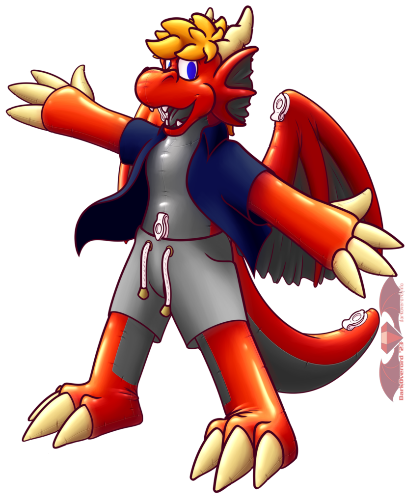 DarkOverord, an anthro red and grey inflatable dragon toy, looking excitedly at the view with its arms wide to gesture behind it.