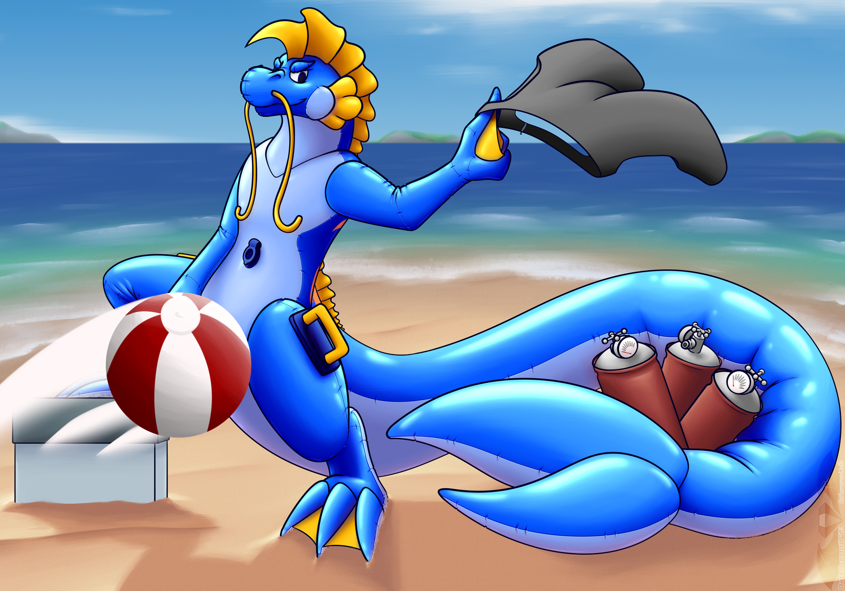 An anthro blue eastern dragon (Rigel) looking mischievously at the viewer and is swinging his shorts on a finger, he's partly obscured by a random beach ball bouncing in front of his legs.