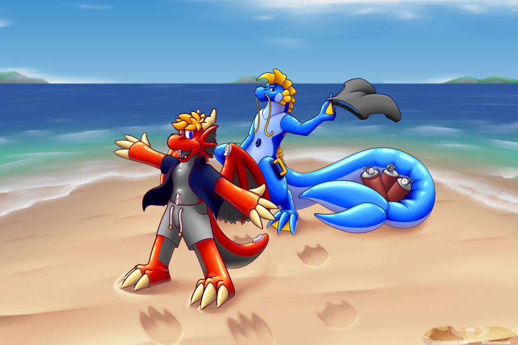 A beach picture with two anthropomorphic inflatable toys in the centre of frame. The red western dragon (DarkOverord) is closer to the viewer and is looking excited. The blue eastern dragon (Rigel) is looking mischievously and is swinging his shorts on a finger, he's partly obscured by DarkOverord.