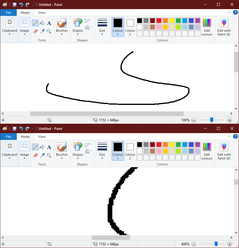 Screenshots of MS Paint to show the jagged pencil tool