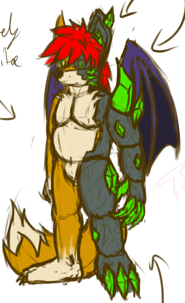 A 2014 art piece of a bat-fox-rock elemental hybrid, JOS, in a SFW nude look showing how their body split between organic and rock