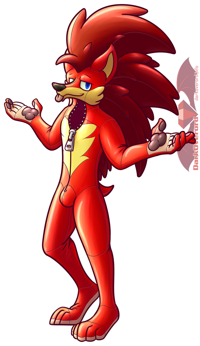 Simon, a red hedgehog, as a living rubber suit. They bleping while smugly looking at the viewer with their arms open in a "hey look at me" gesture. 

Their hollow suit self is open from a zipped partway down from their head to their torso, the zipper ending on a fairly prominent bulge at their crotch