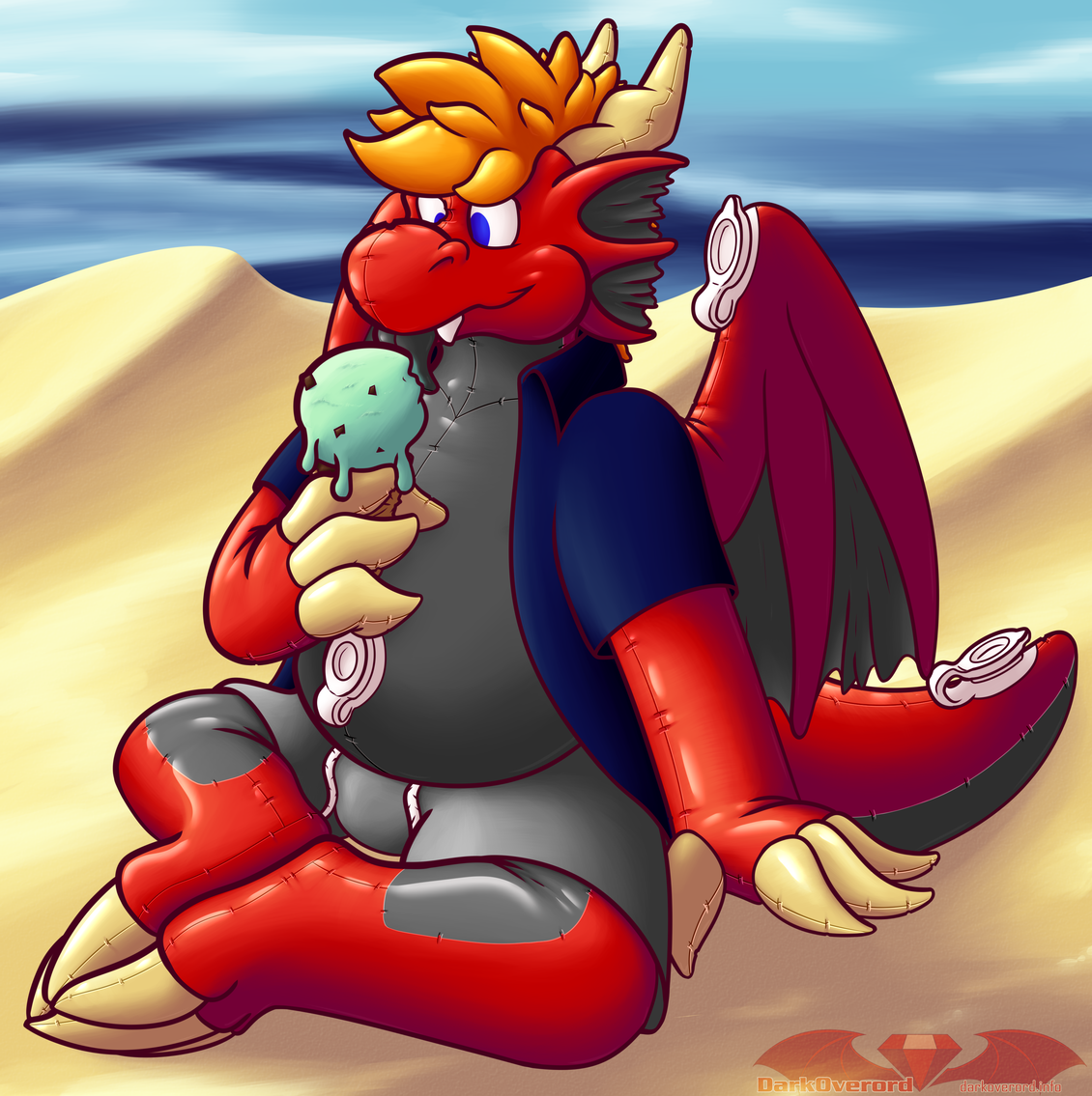DarkOverord, an inflatable red dragon toy, sitting on the beach with its legs posed so its feet are pressed against one-another.

It is lapping happily at a mint-choc-chip ice cream (even if it can't "eat")