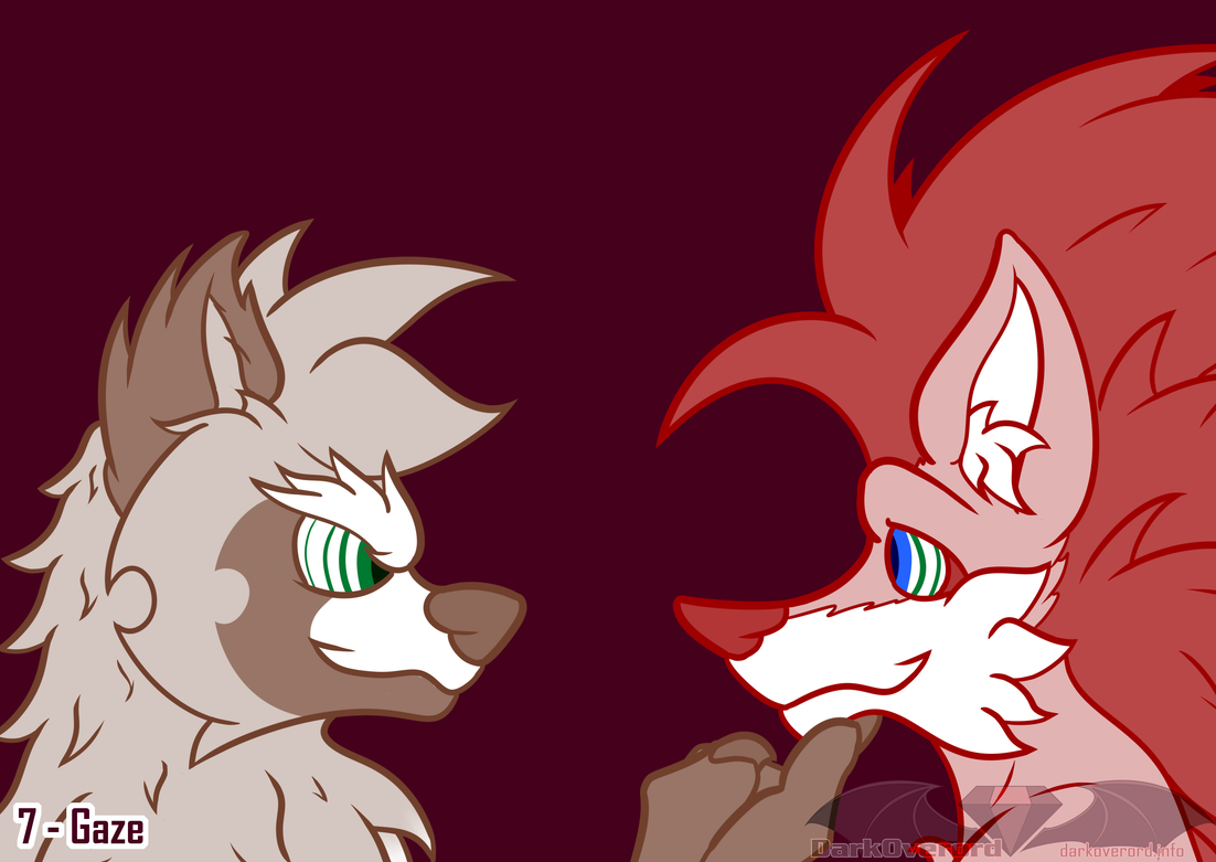 Simon, a non-binary red hedgehog, dopely smiling as they stare in to Marcus', a male brown tanuki, hypnoeyes