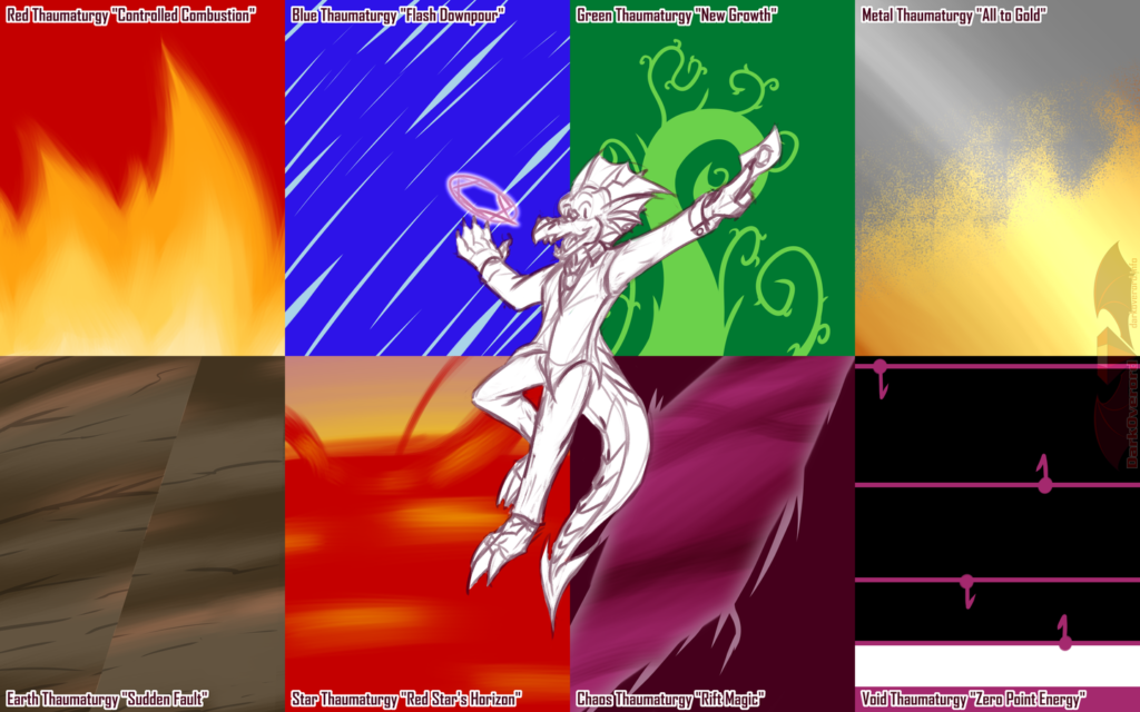 2021 sketch art of Darthanial Occassus, a wingless red dragon. He's floating in the air but looking super excited! In his outstretched left arm he holds a magical spell card, and over his right hand is a magic circle.

In the background it is divided in to 8 equal segments, two rows of four. They represent 8 spells Darthanial would cast in this fight! They are in order:

Red Thaumaturgy “Controlled Combustion”
Blue Thaumaturgy “Flash Downpour”
Green Thaumaturgy “New Growth”
Metal Thaumaturgy “All to Gold”
Earth Thaumaturgy “Sudden Fault”
Star Thaumaturgy “Red Star’s Horizon”
Chaos Thaumaturgy “Rift Magic”
Void Thaumaturgy “Zero Point Energy”