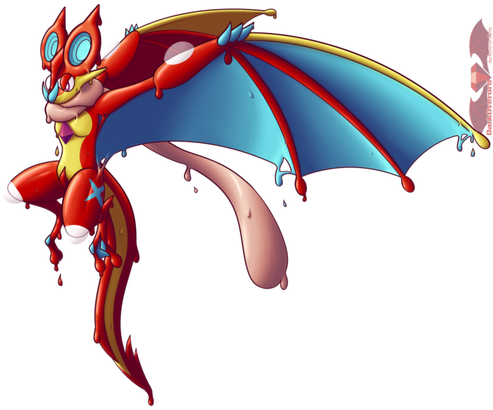 DarkOverord the red goopy Greninja, taking the form of a Greninja-Noivern hybrid, flapping in the air. They have taken on the ears, nose, wings, and tail of a Noivern while retaining geninja's features such as the tongue and legs