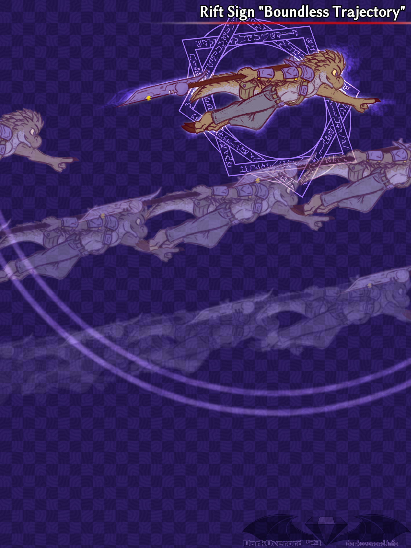 Feoh, a brown and purple Horned Lizard, flying in the air rapidly towards the right of the image. A magic sigil is seen behind him and at the top right text reads: Rift Sign "Boundless Trajectory" Behind and below him are multiple after images that get fainter (implying they're not as recent) and closer together (implying they were slower)