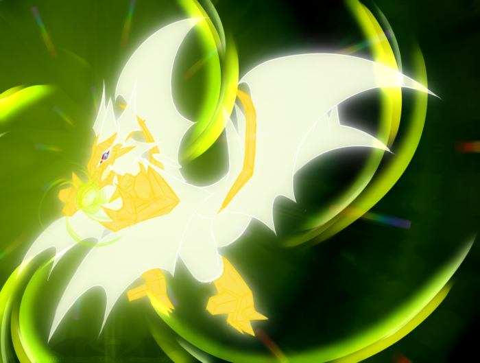 Ultra Necrozma, radiating light spawning a ball of green fiery light in front of it's mouth between it's wing hands as energy swirls in to the orb. All set against a dark background other than light green where it's head is. Radiating from it's eye to the edge of the canvas are multiple refracted strands of light.