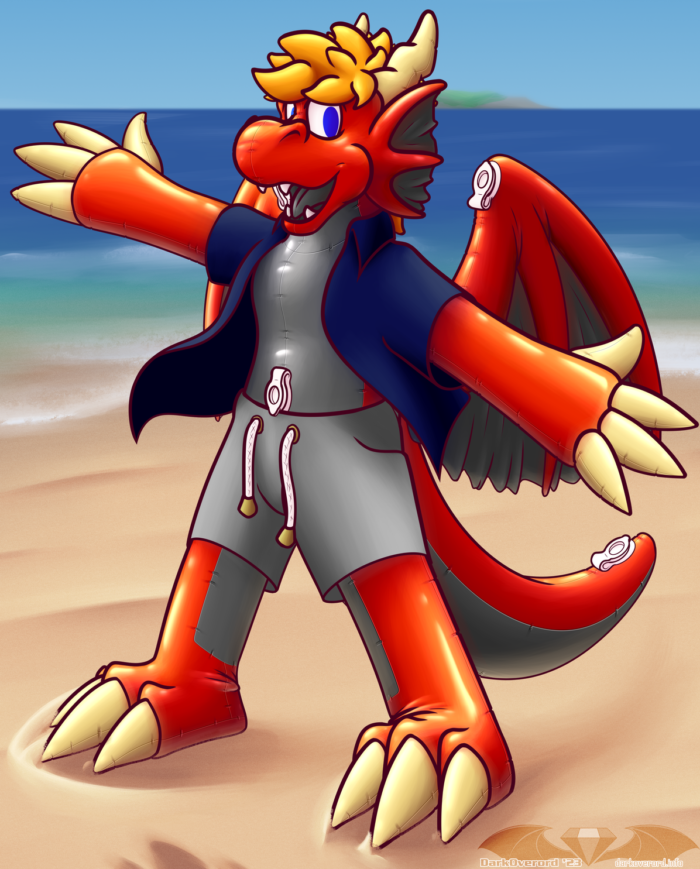 An anthro red western dragon (DarkOverord) looking pretty excited to be at the beach!
