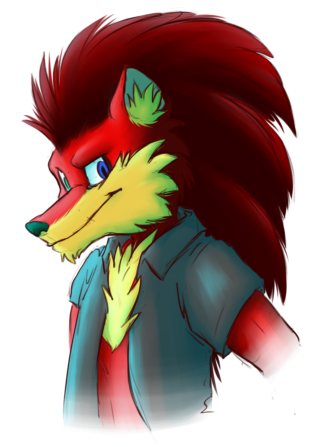 Simon, a red anthro hedgehog smiling smugly while side-eyeing the viewer